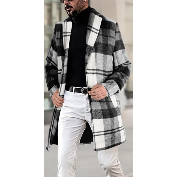 Men's White-plaid Casual Notched Plaid Single Breasted Wool Blend Formal Trench - Picture 6 of 6